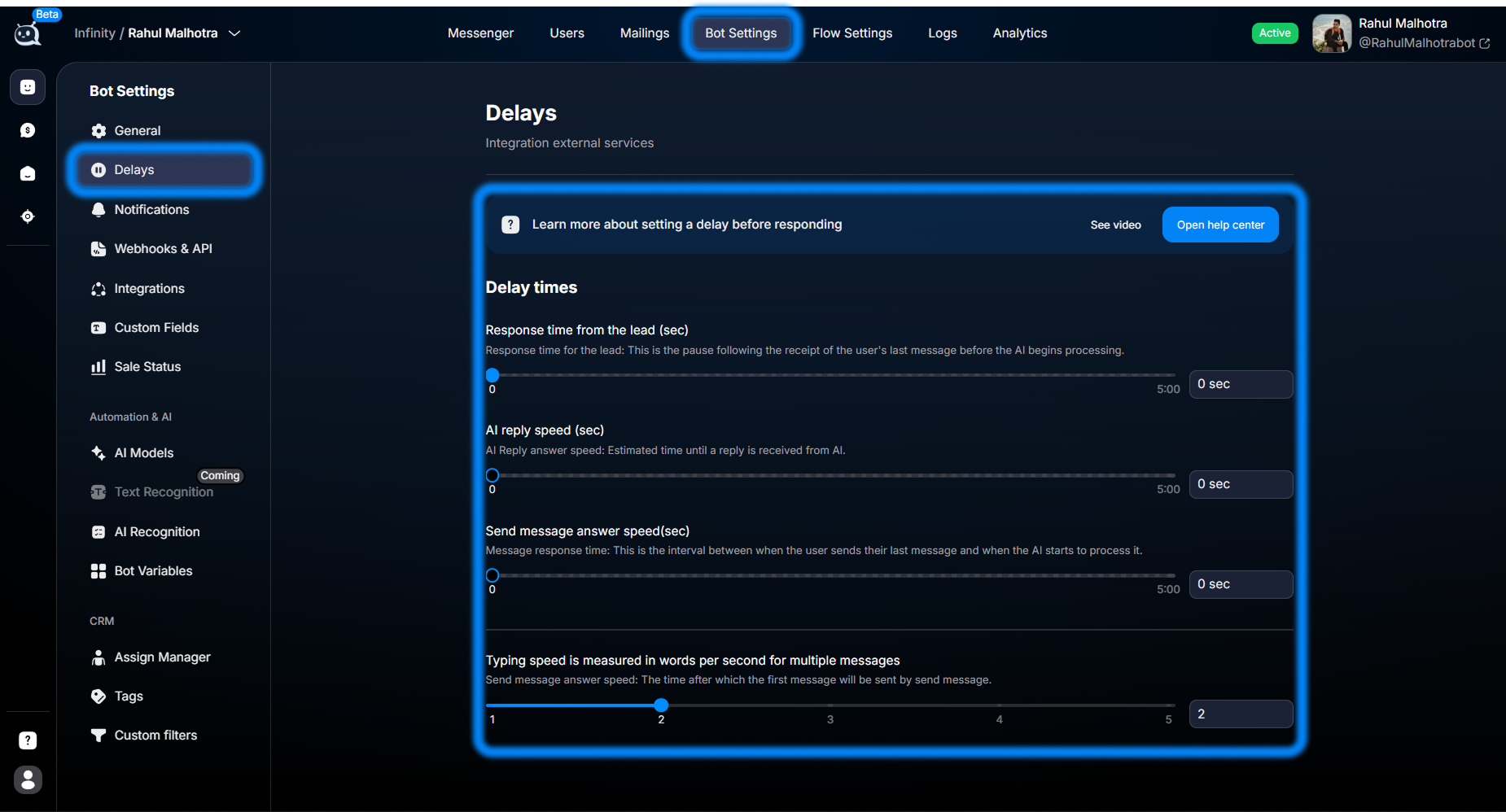 Bot Settings → Delays
