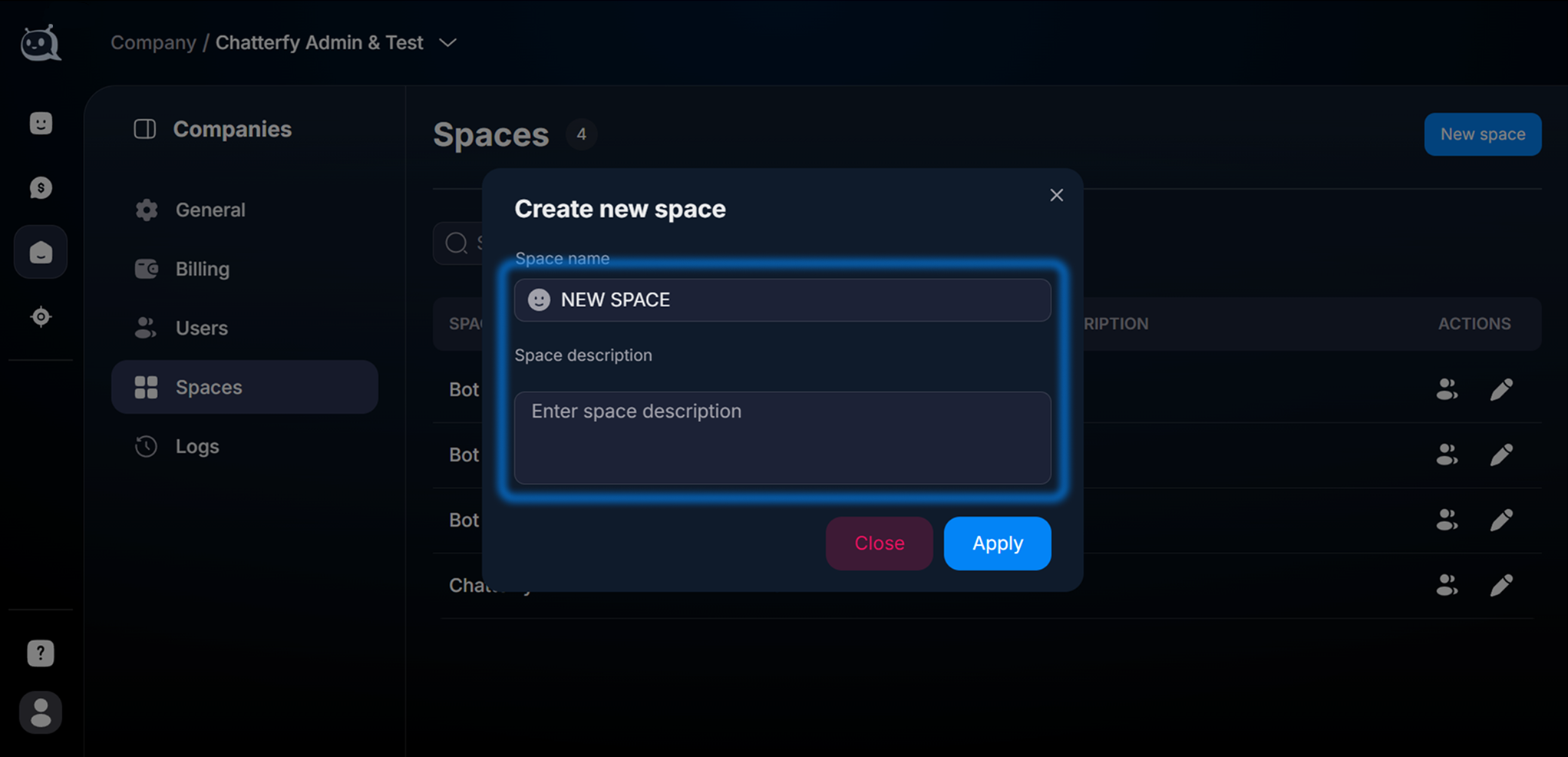 Форма создания Space
