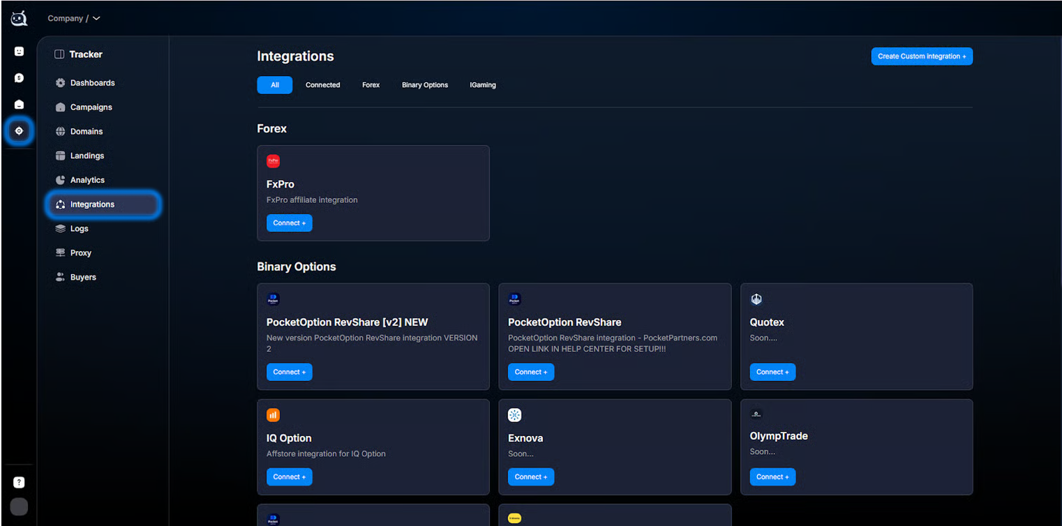 Раздел Integrations
