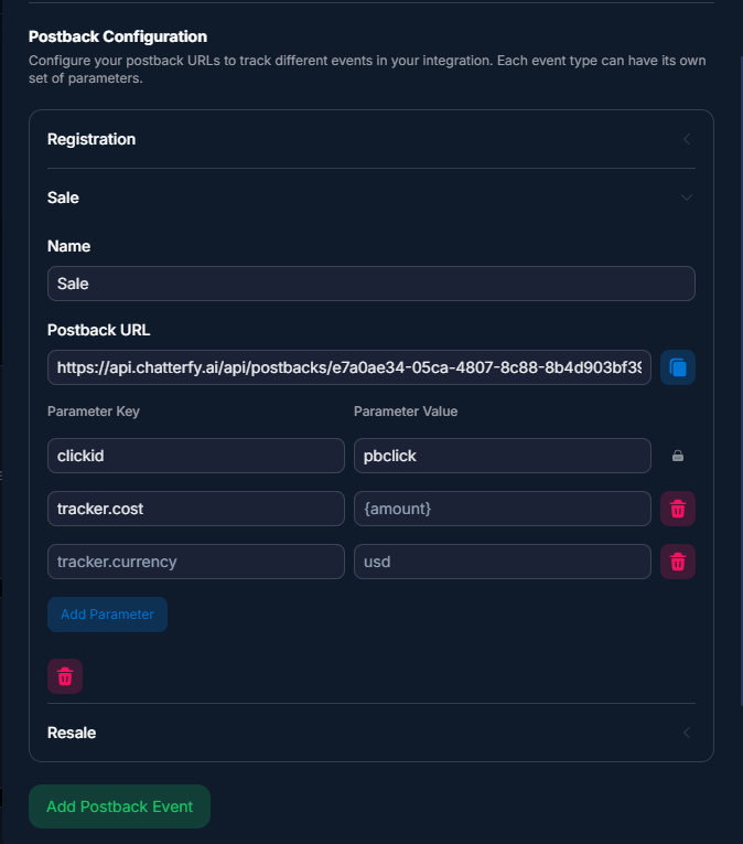 Postback parameters