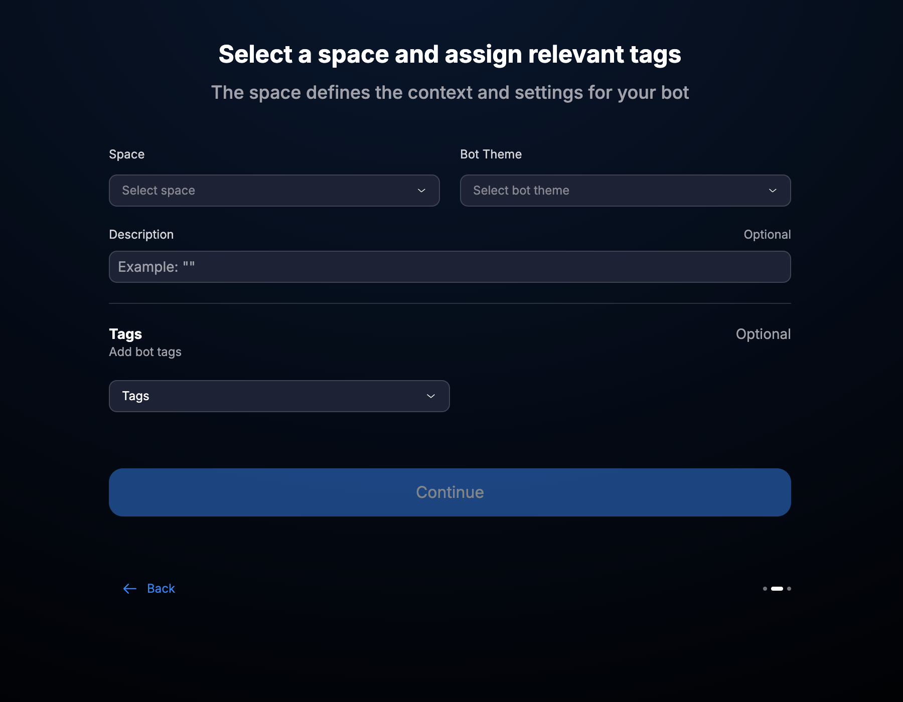 Selecting Space, theme, and tags