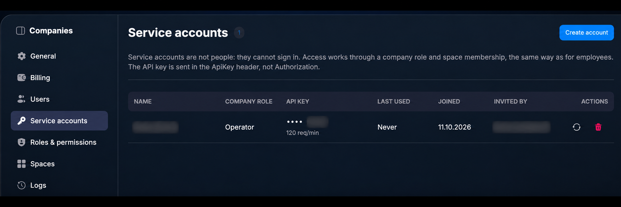 Раздел Company → Service Accounts со списком аккаунтов; название, имя создателя и суффикс ключа скрыты.