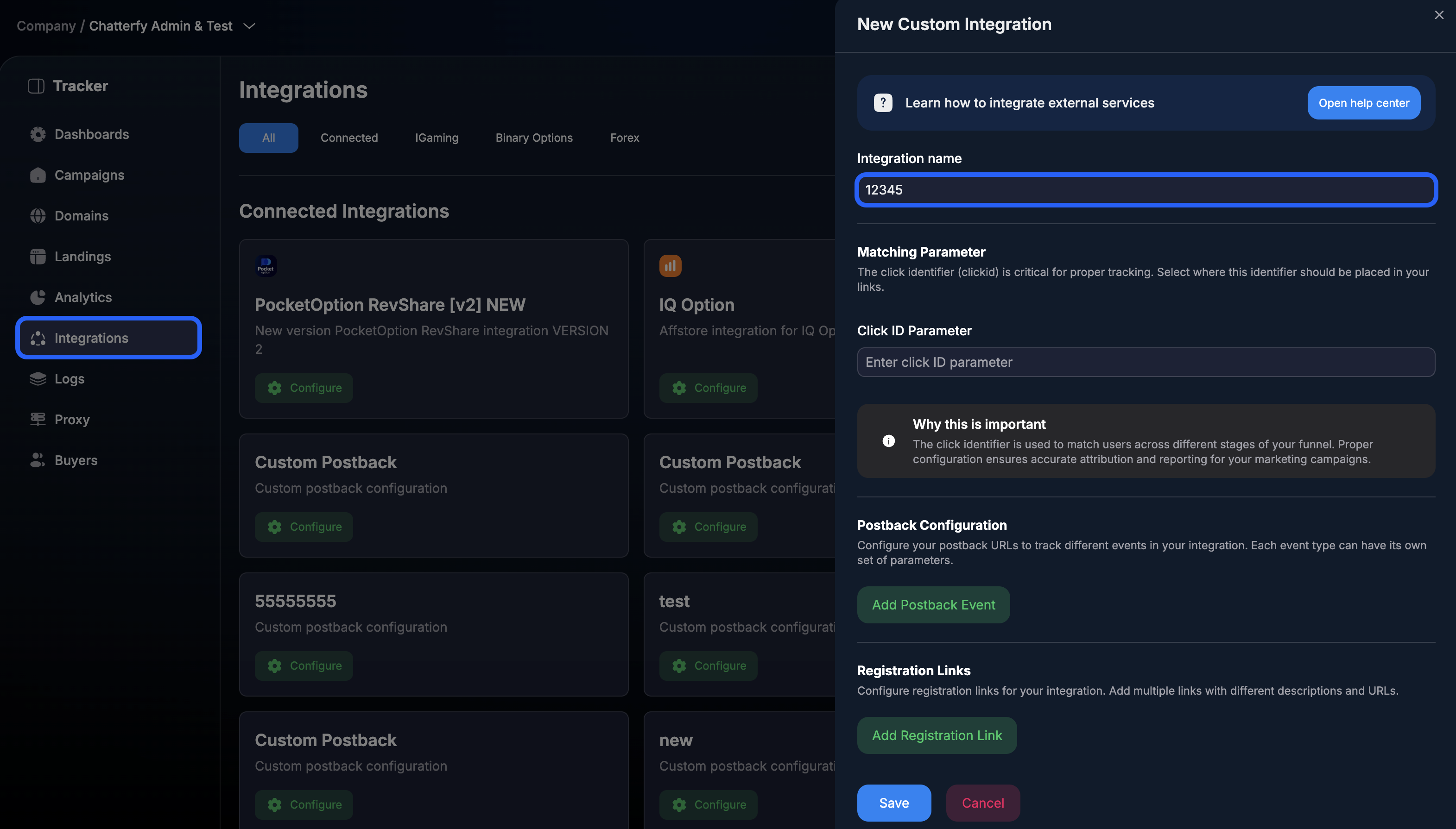 Integration name field in the Custom integration form