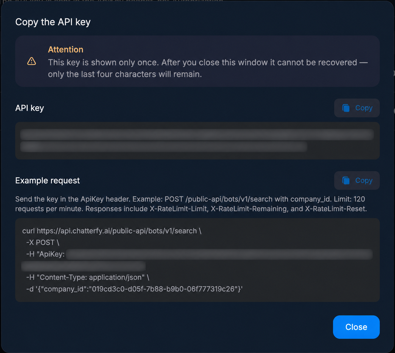 Окно Copy the API key с кнопками копирования ключа и примера запроса; ключ скрыт в обоих полях.