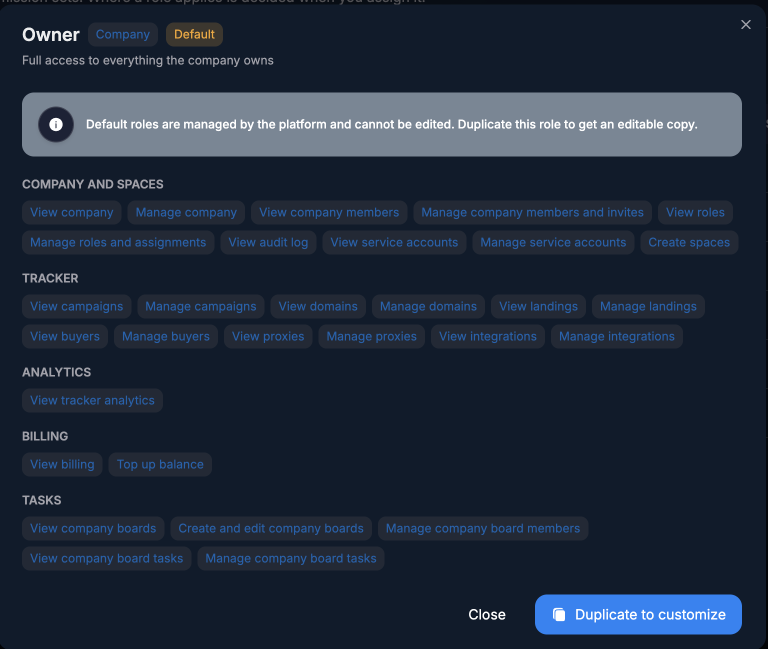 Viewing Owner permissions and the Duplicate to customize button