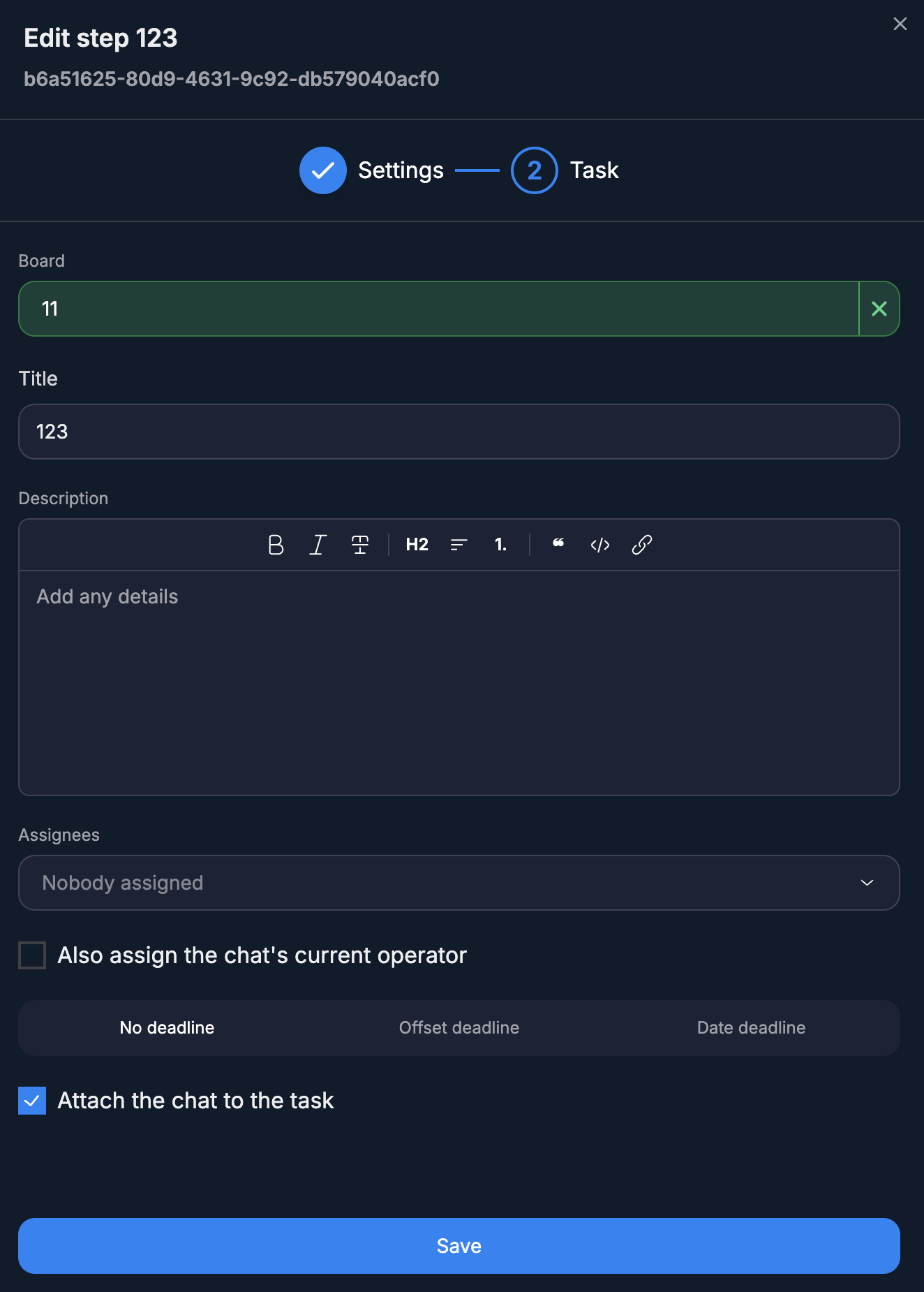 Create task step settings