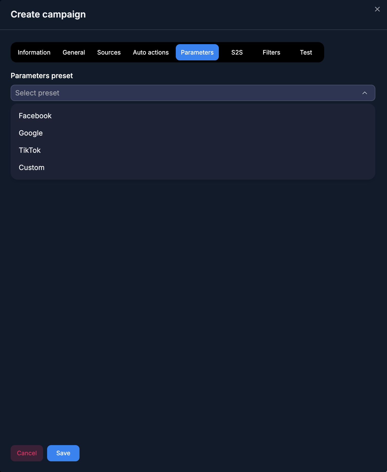 Selecting a Parameters preset when creating a campaign
