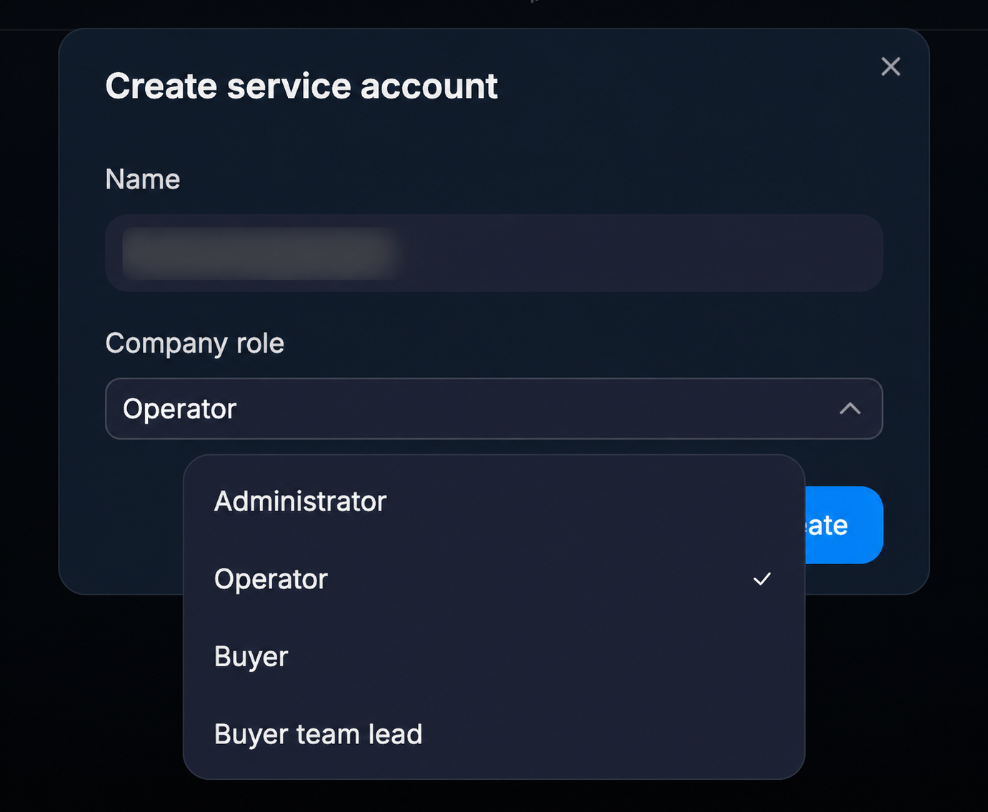 Форма Create service account с полем Name и выбором Company role; название скрыто.