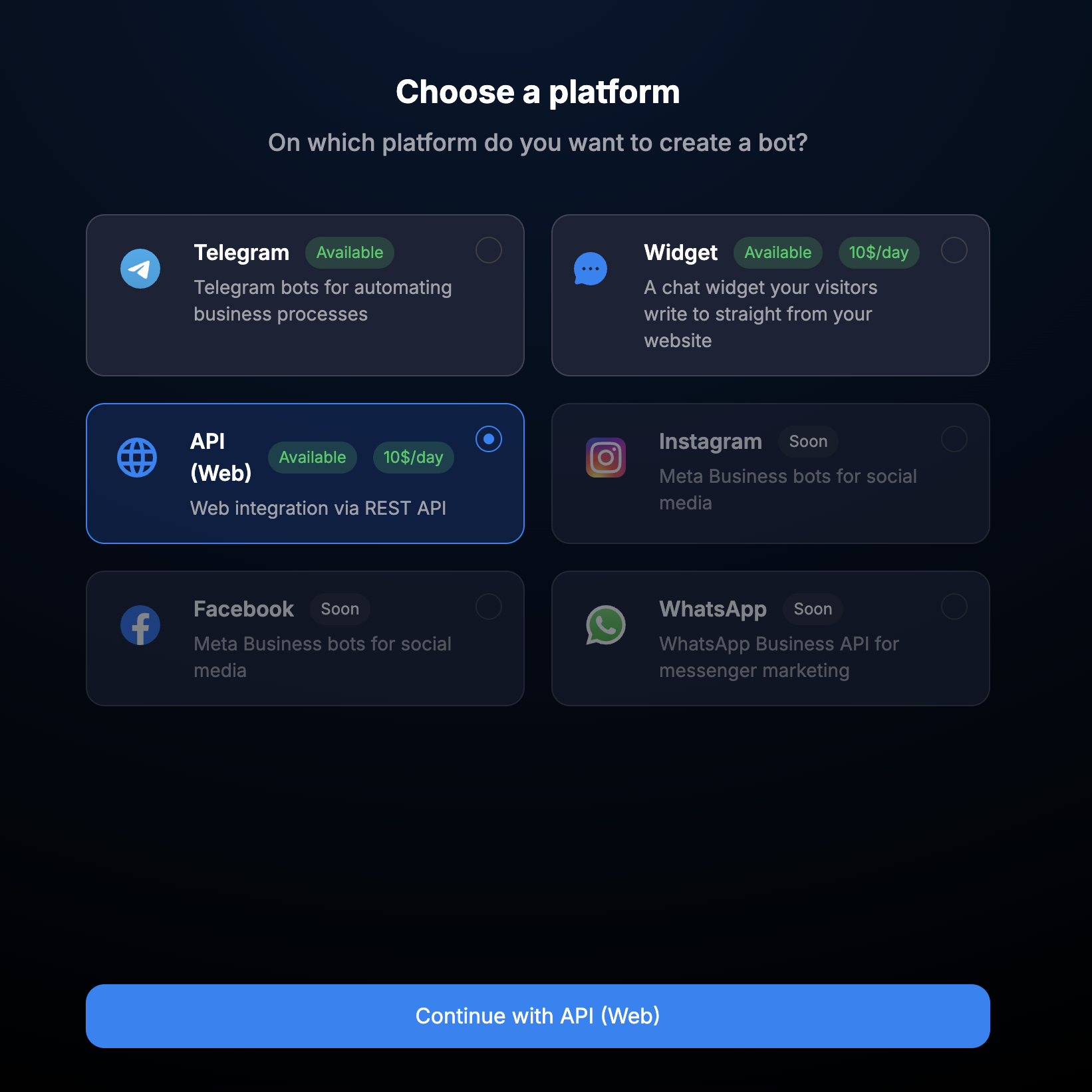Selecting the API (Web) platform
