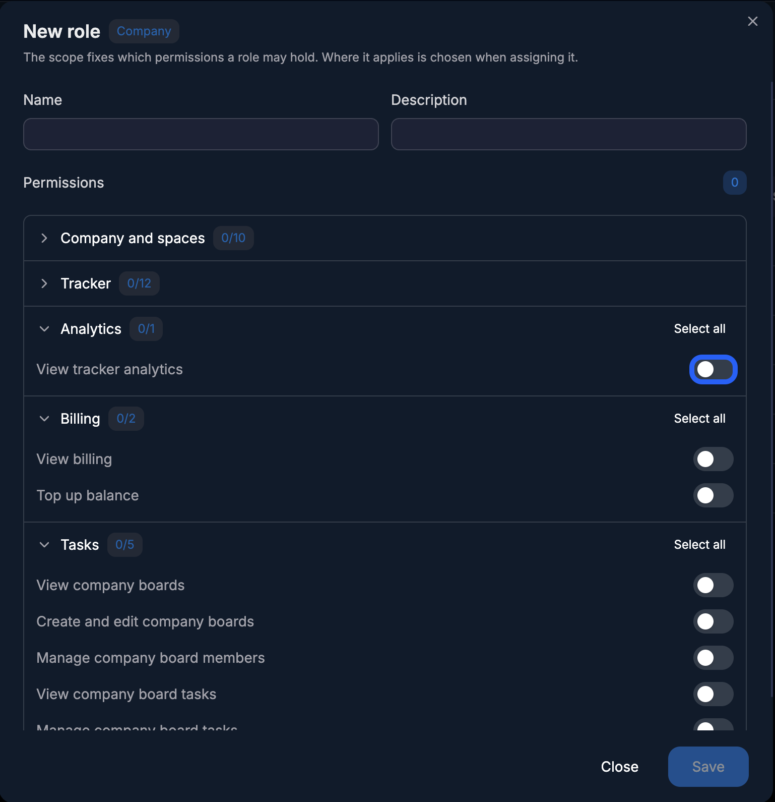 Permission toggles in the New role form