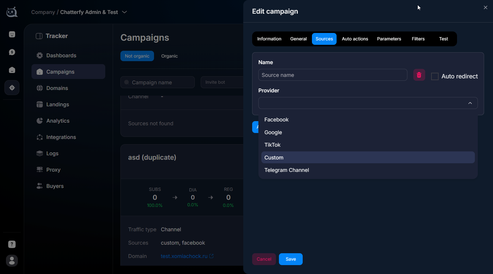 Step 3. Creating a Source in Tracker: selecting Provider = TikTok