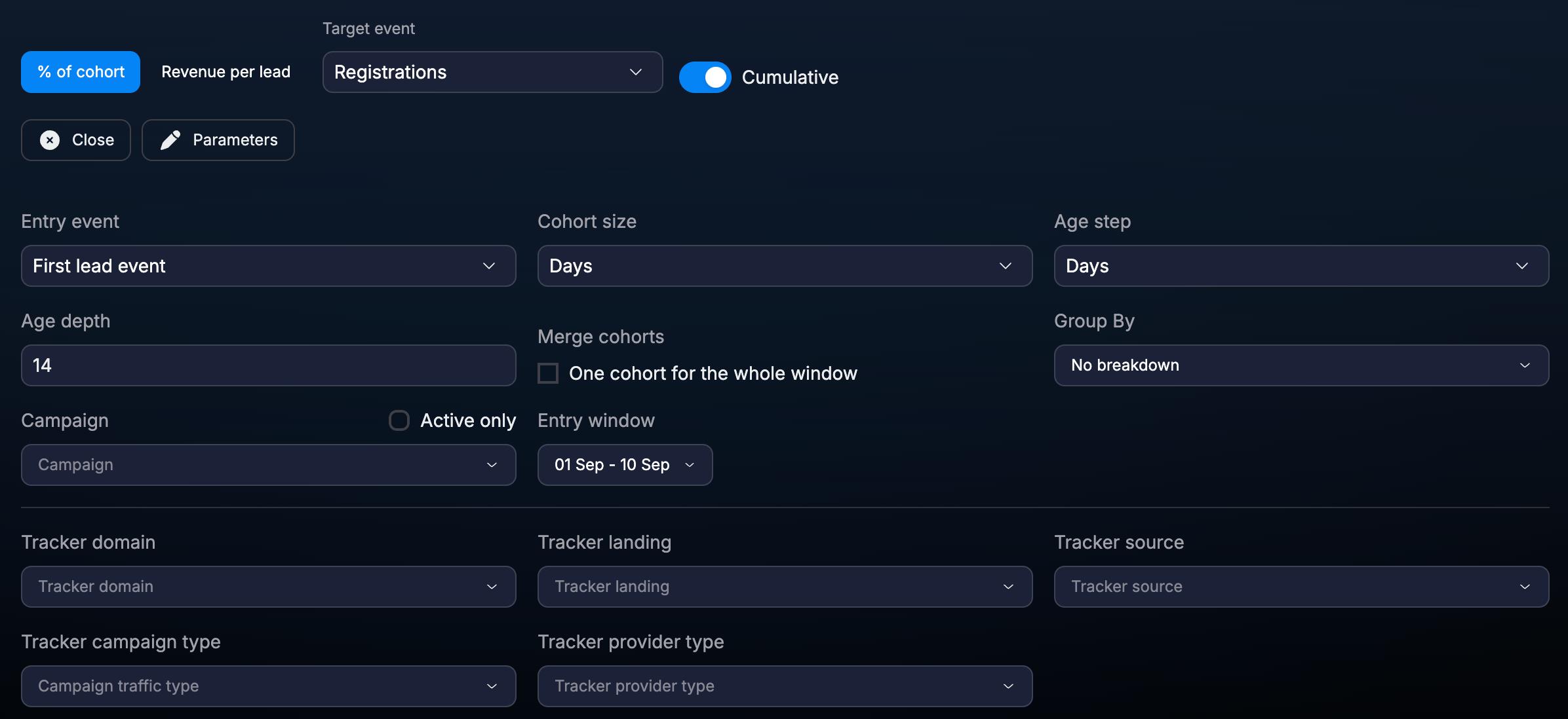 Cohort parameters, entry window, and traffic filters
