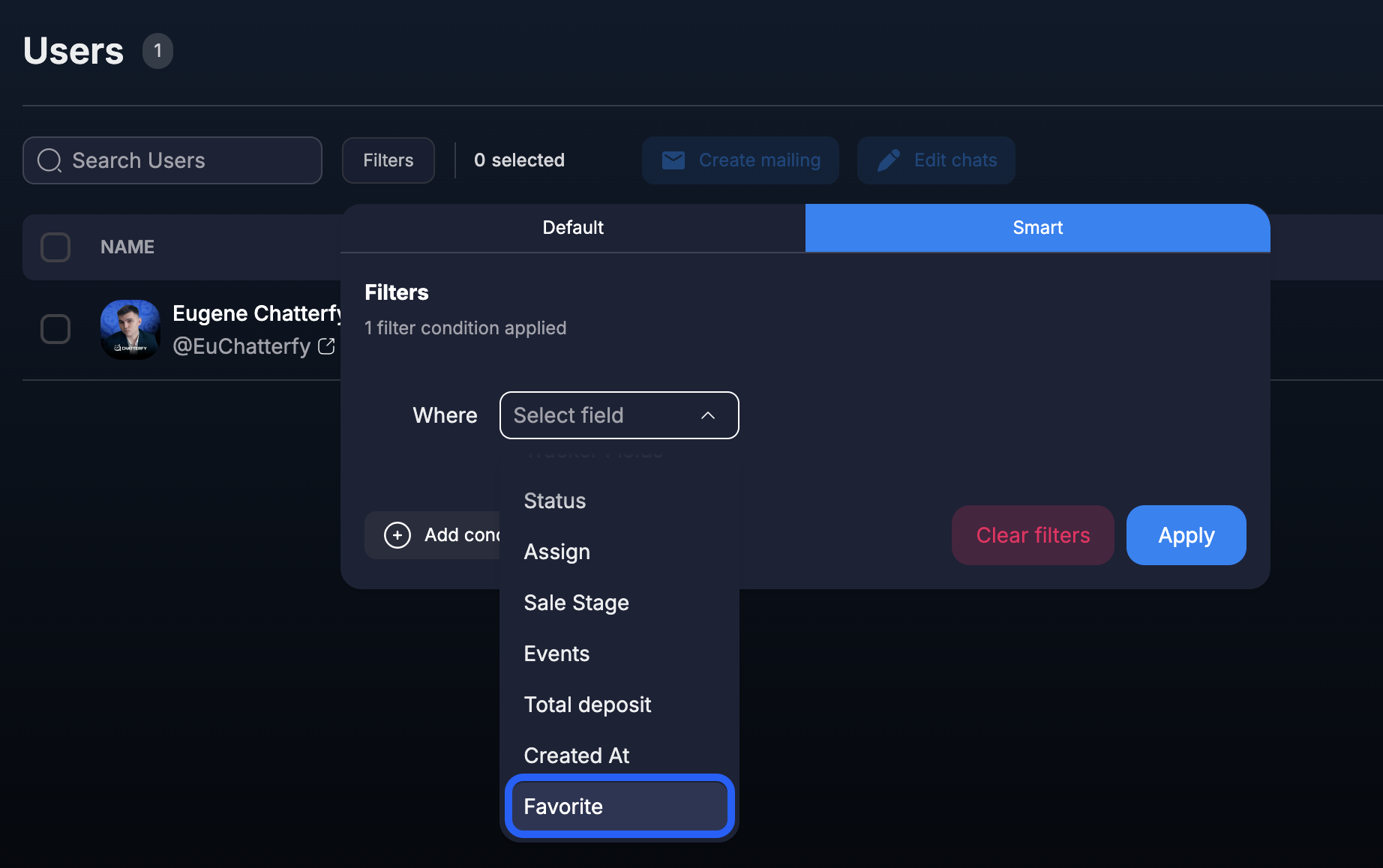 Favorite field in the Smart filters conditions list