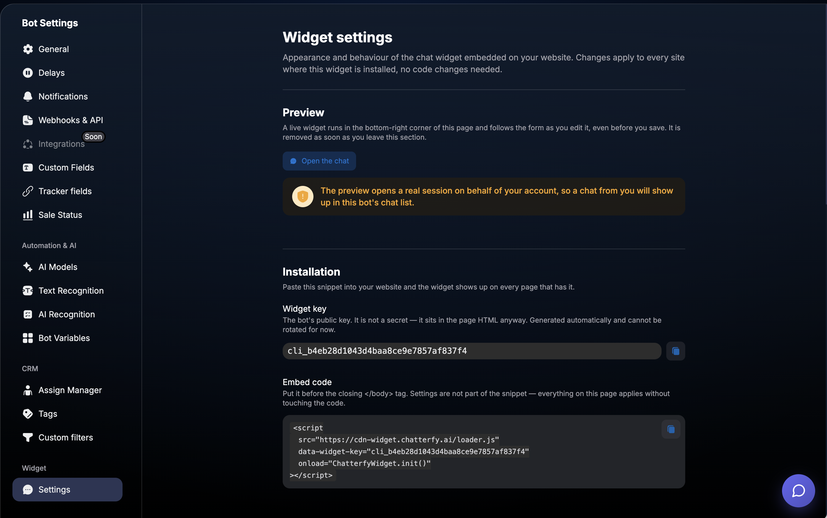 Bot Settings → Widget → Settings: key and installation code