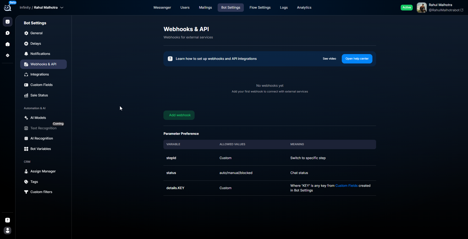 Bot Settings → Webhooks & API