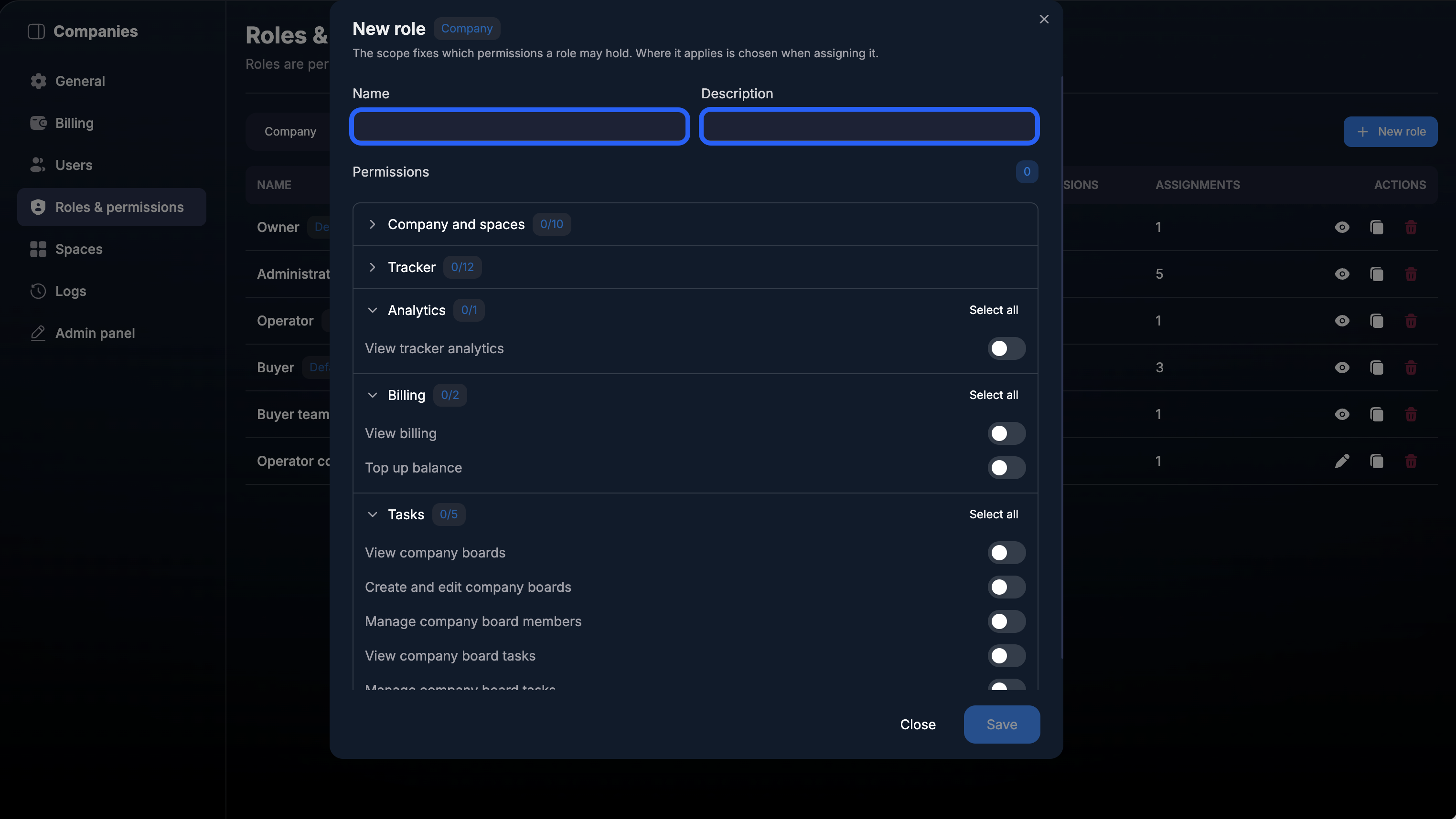 Creating a role: Name and Description fields and permission groups
