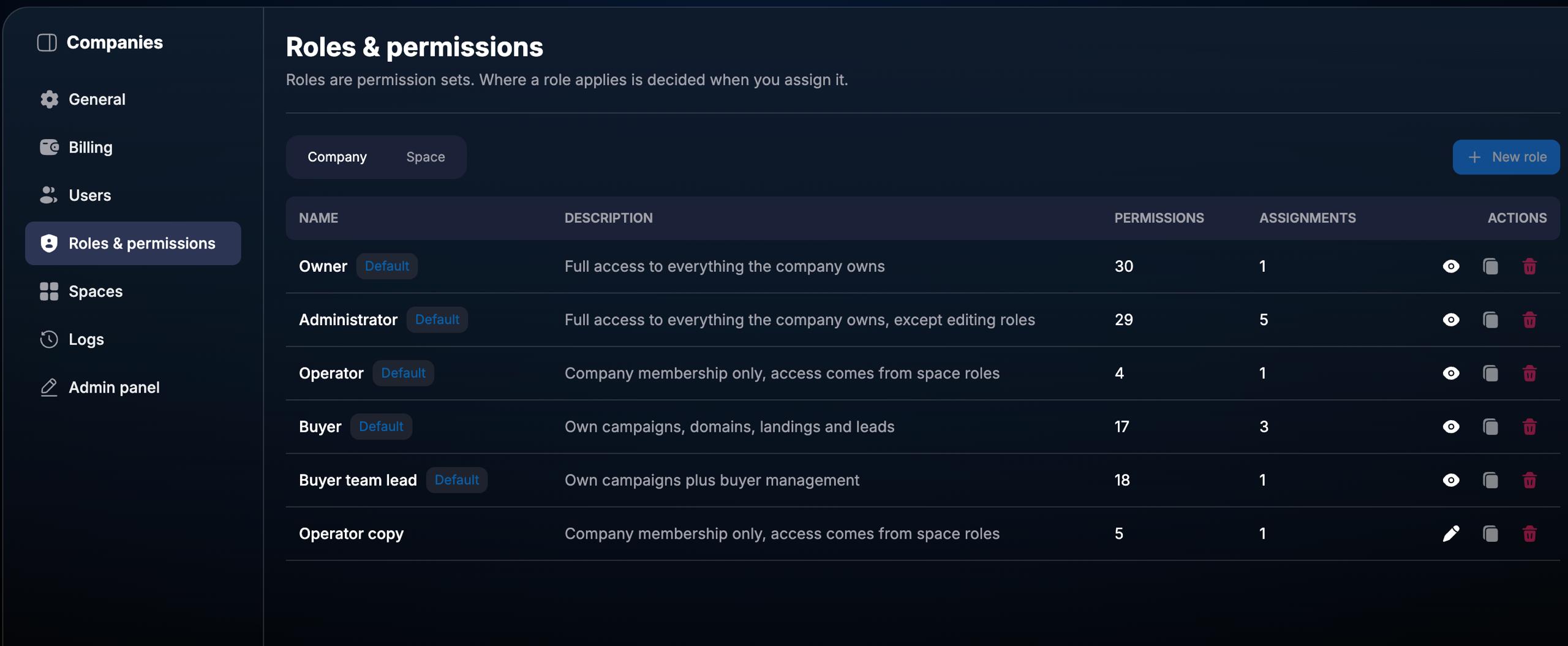 Company roles on the Company tab