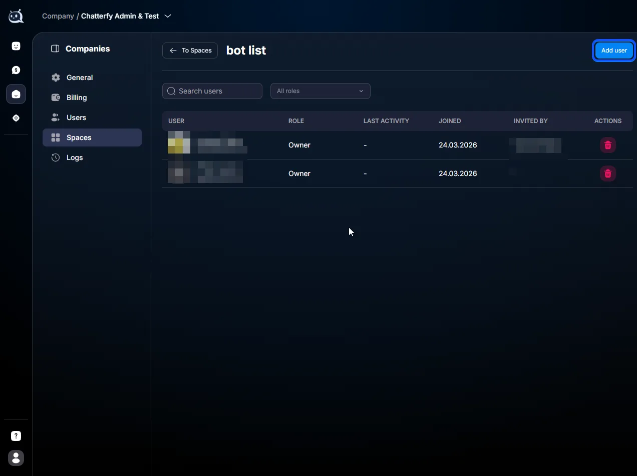 Button for adding a user to a Space