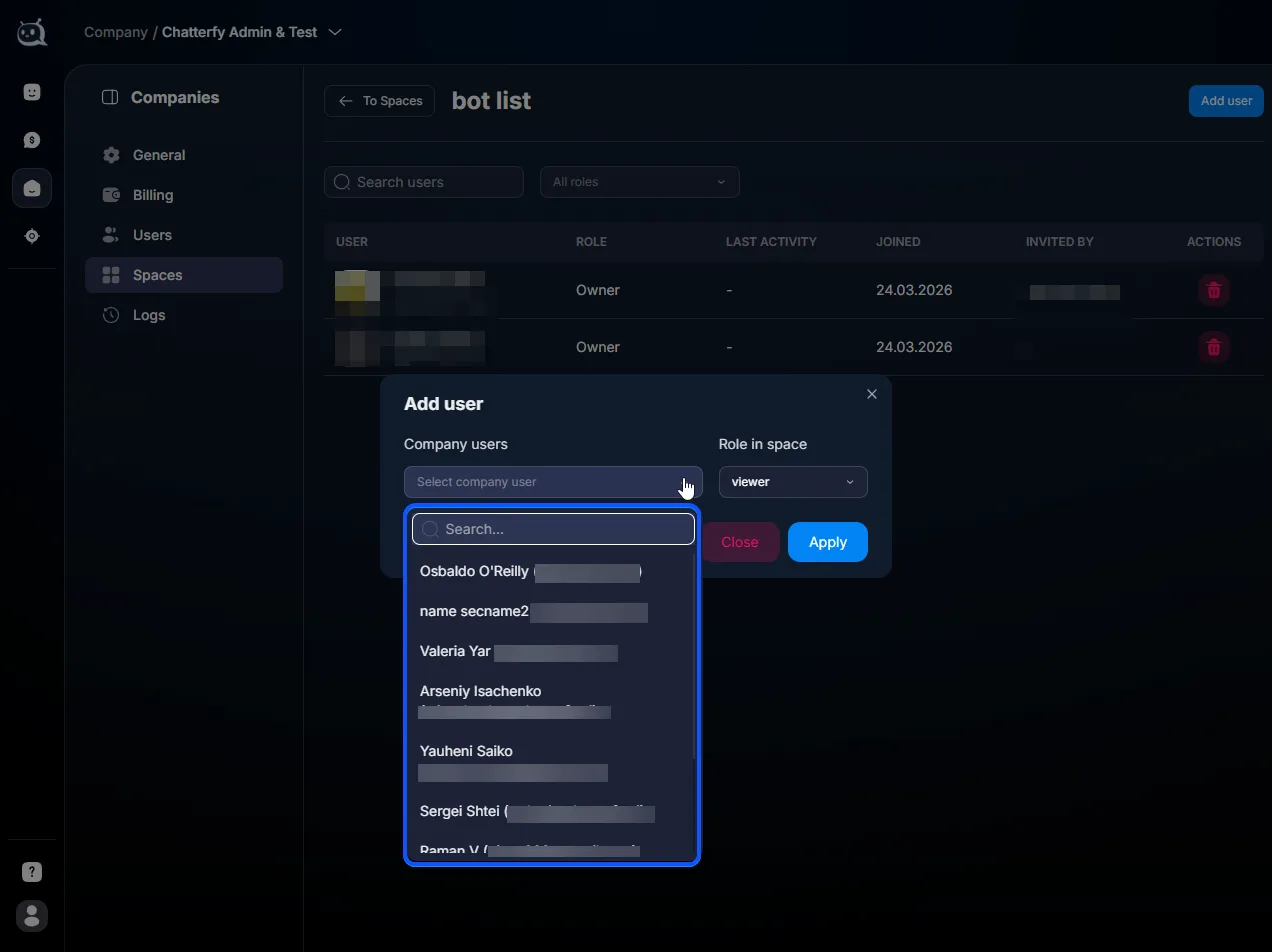 Selecting a company user